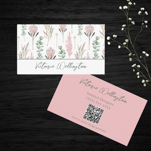 Chic Pink  Green Country Floral QR Code Business Card