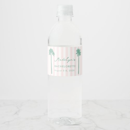 Chic Pink & Green Fan Palm Tree Bachelorette Party Water Bottle Label
