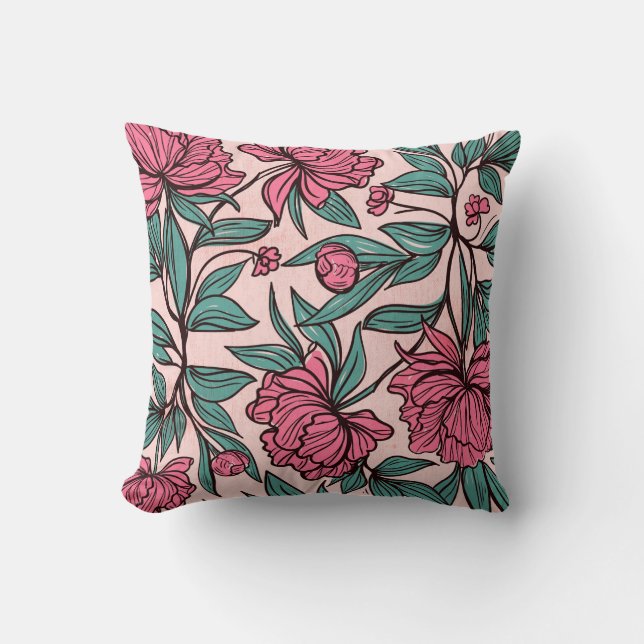 Chic Pink Green Floral Art Decorative Throw Pillow (Front)