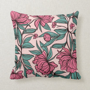 Chic Pink Green Floral Art Decorative Throw Pillow