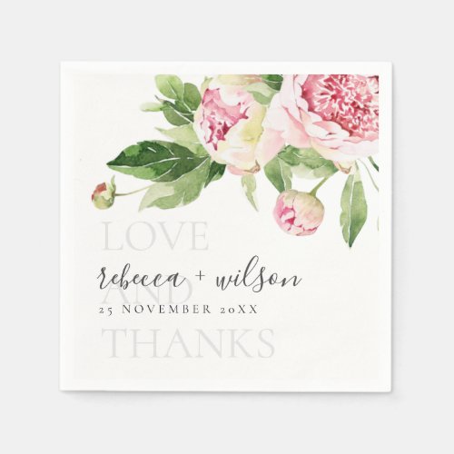 CHIC PINK GREEN PEONY FLORAL LOVE THANKS WEDDING NAPKINS