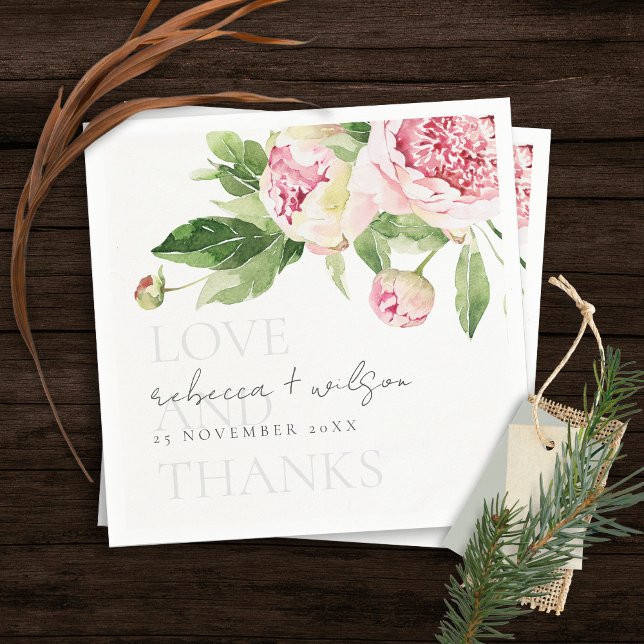 CHIC PINK GREEN PEONY FLORAL LOVE THANKS WEDDING NAPKINS (Creator Uploaded)