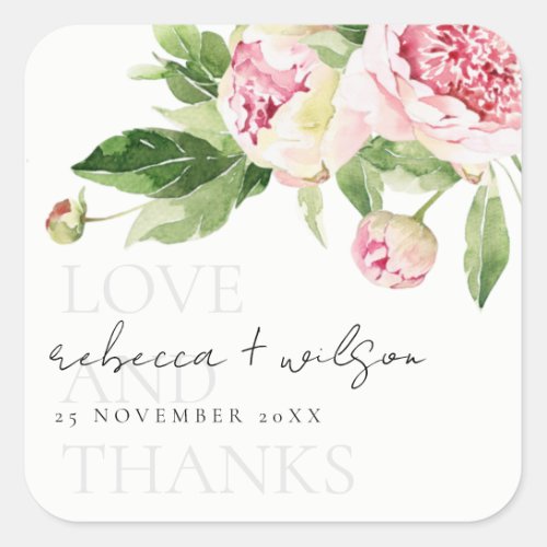 CHIC PINK GREEN PEONY FLORAL LOVE THANKS WEDDING  SQUARE STICKER