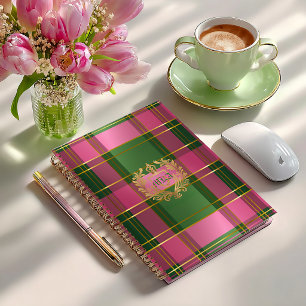 Chic Pink Green Plaid Monogram Personal Planner