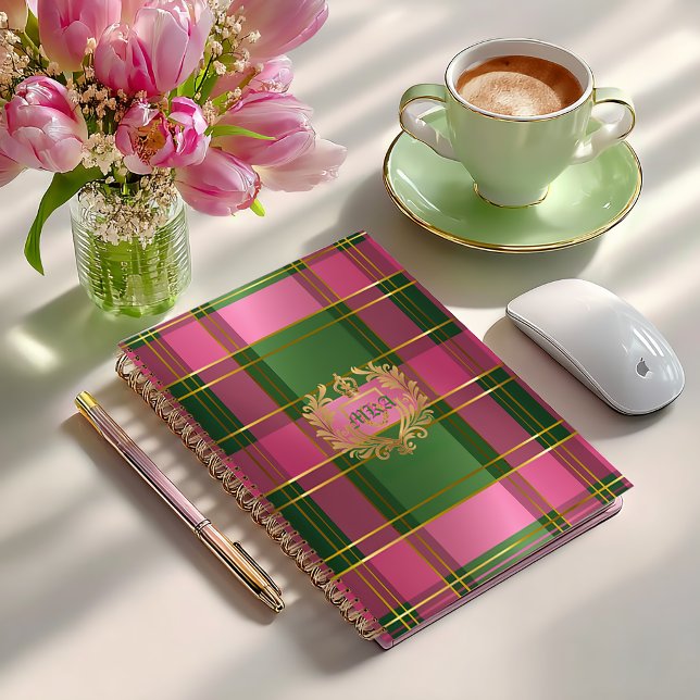 Chic Pink Green Plaid Monogram Personal Planner (Luxe Pretty Green and Pink Monogrammed Business Planner )