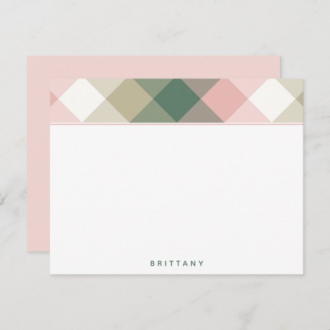 Chic Pink Green Plaid Personalized Flat Note Card (Front/Back)