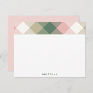 Chic Pink Green Plaid Personalized Flat Note Card