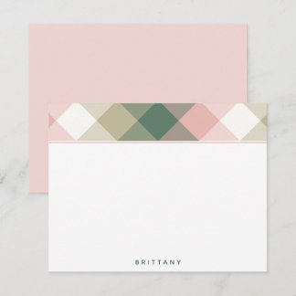 Chic Pink Green Plaid Personalized Flat Note Card