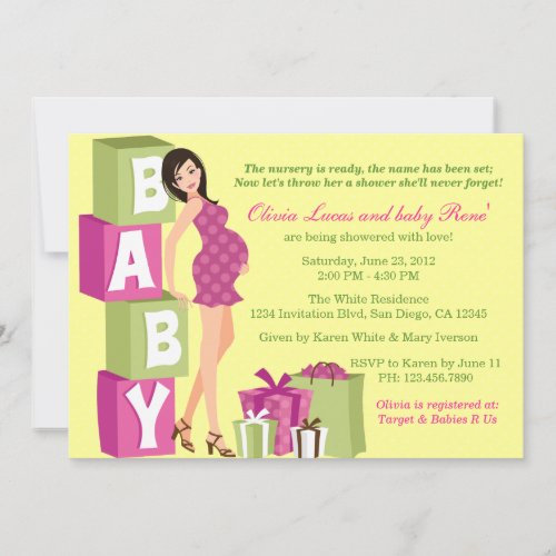 Chic Pink Green Polka Dot Modern Mom Baby Shower Announcement