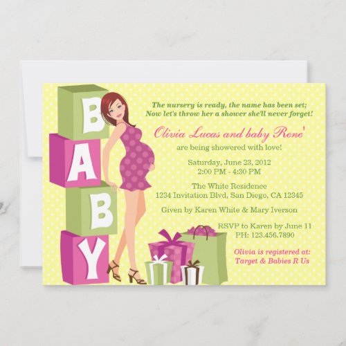 Chic Pink Green Polka Dot Modern Mom Baby Shower Custom Invitations