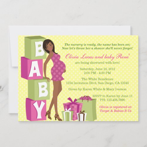 Chic Pink Green Polka Dot Modern Mom Baby Shower Invitation