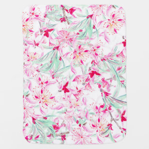 Chic pink green watercolor lilies floral pattern baby blanket