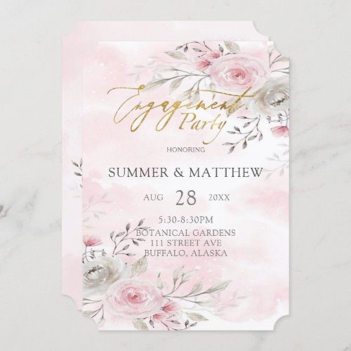 Chic Pink Grey Peony Gold Engagement Party Invitation