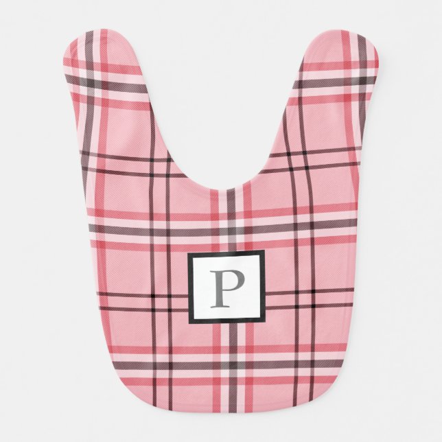 Chic Pink & Grey Plaid Fashion Pattern Baby Bib (Front)