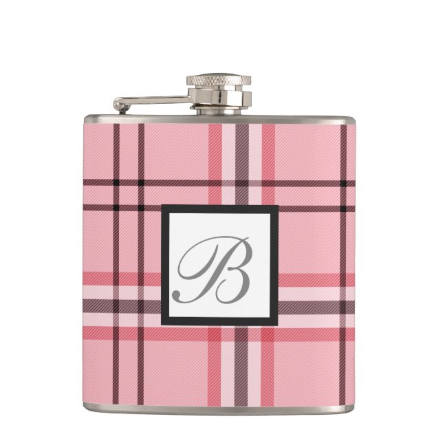 Chic Pink & Grey Plaid Fashion Pattern Flask (Front)
