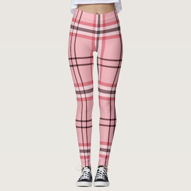 Chic Pink & Grey Plaid Fashion Pattern Leggings (Front)