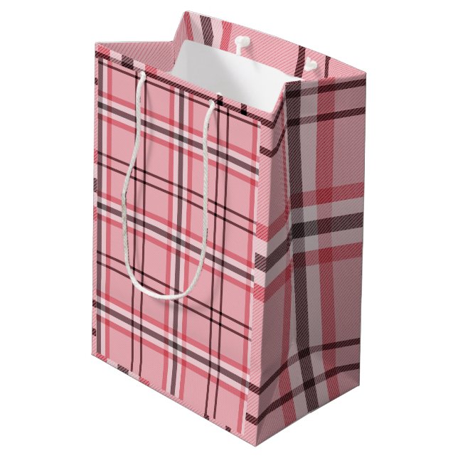 Chic Pink & Grey Plaid Fashion Pattern Party Medium Gift Bag (Back Angled)
