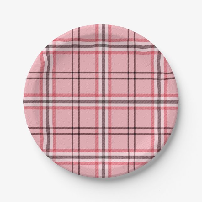 Chic Pink & Grey Plaid Fashion Pattern Party Paper Plates (Front)