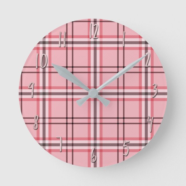 Chic Pink & Grey Plaid Fashion Pattern Round Clock (Front)