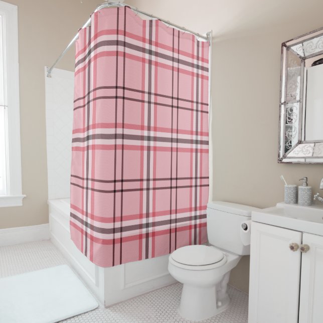Chic Pink & Grey Plaid Fashion Pattern Shower Curtain (In Situ)