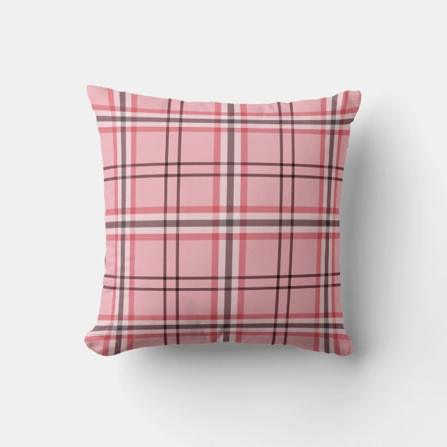 Chic Pink & Grey Plaid Fashion Pattern Throw Pillow (Front)