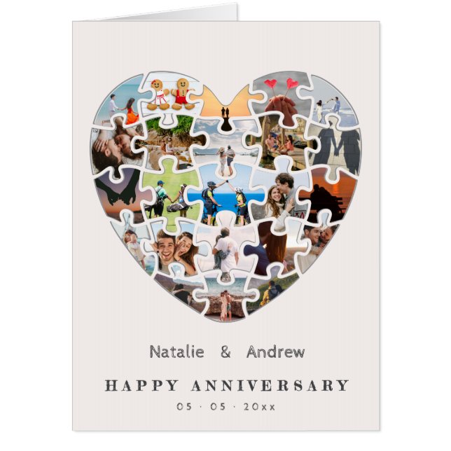 Chic Pink Happy Anniversary Heart Puzzle Collage Card (Front)