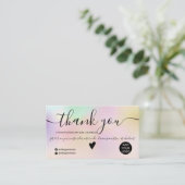 Chic pink holographic ombre blush order thank you business card (Standing Front)