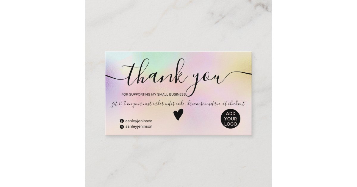 Chic pink holographic ombre blush order thank you business card | Zazzle