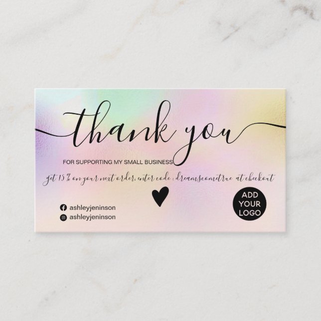 Chic pink holographic ombre blush order thank you business card (Front)
