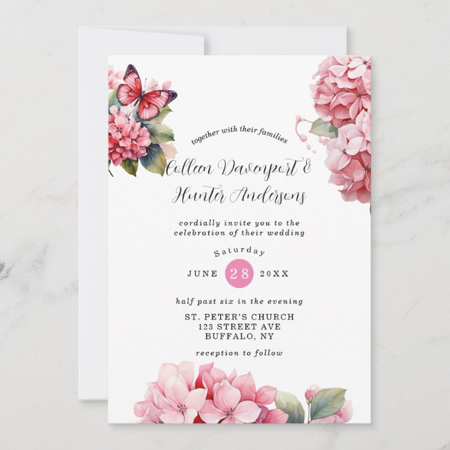 Chic Pink Hydrangea Butterfly Wedding Invitation (Front)