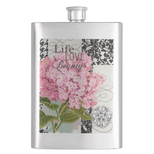 Chic Pink Hydrangea Collage Vintage Damask Art Flask