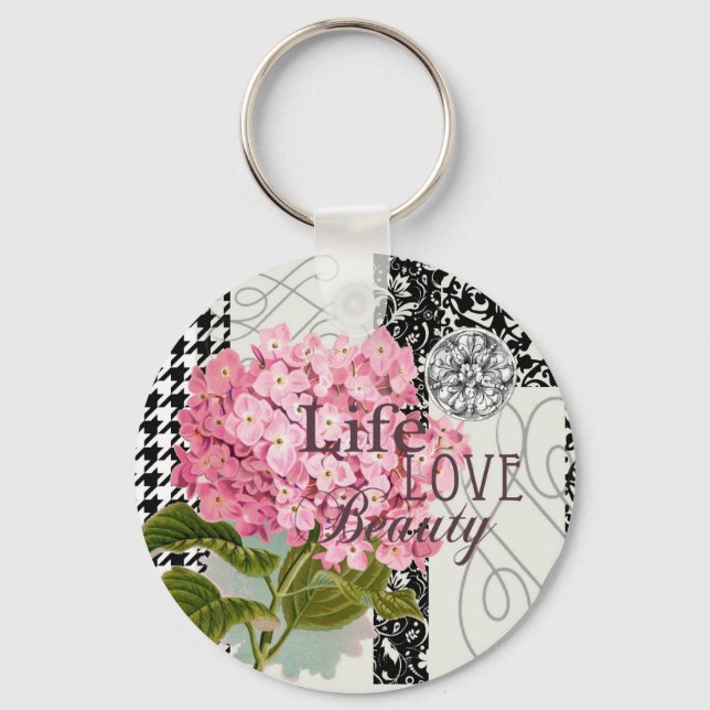 Chic Pink Hydrangea Collage Vintage Damask Art Keychain (Front)