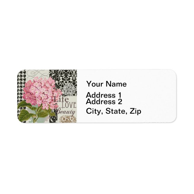 Chic Pink Hydrangea Collage Vintage Damask Art Label (Front)