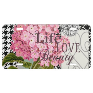 Chic Pink Hydrangea Collage Vintage Damask Art License Plate