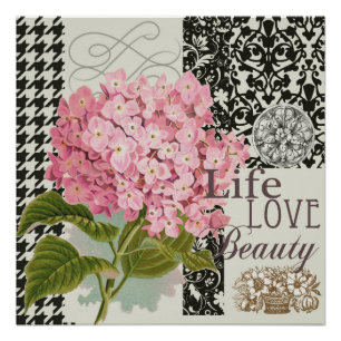 Chic Pink Hydrangea Collage Vintage Damask Art Poster