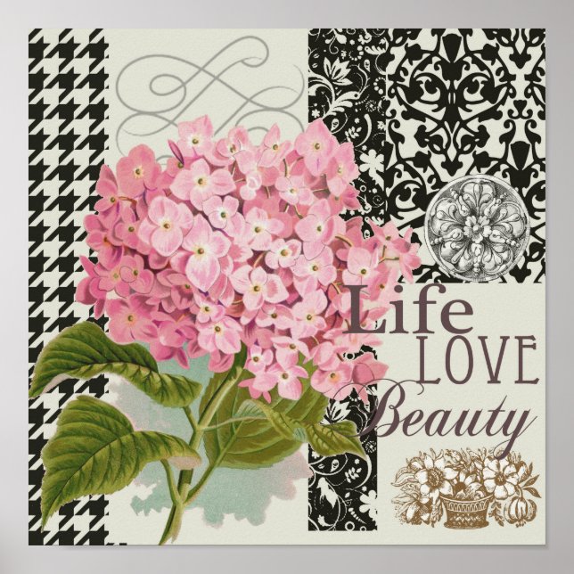 Chic Pink Hydrangea Collage Vintage Damask Art Poster (Front)