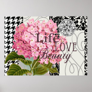 Chic Pink Hydrangea Collage Vintage Damask Art Poster