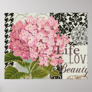 Chic Pink Hydrangea Collage Vintage Damask Art Poster