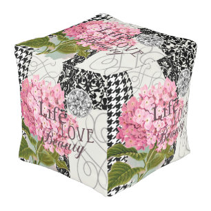 Chic Pink Hydrangea Collage Vintage Damask Art Pouf