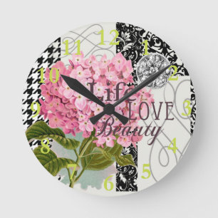 Chic Pink Hydrangea Collage Vintage Damask Art Round Clock