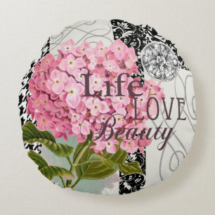 Chic Pink Hydrangea Collage Vintage Damask Art Round Pillow