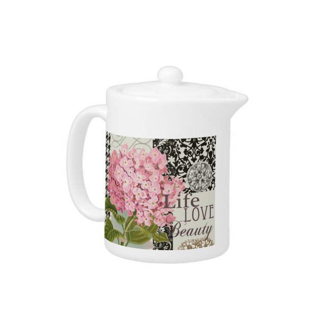 Chic Pink Hydrangea Collage Vintage Damask Art Teapot (Left)