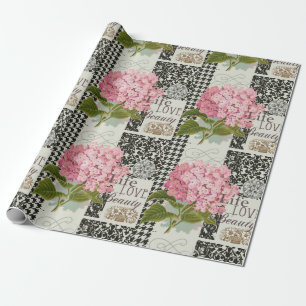 Chic Pink Hydrangea Collage Vintage Damask Art Wrapping Paper
