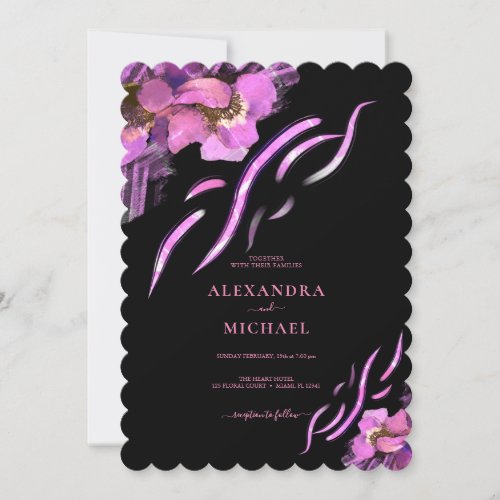 Chic Pink Iris Flowers Black Wedding Invitation