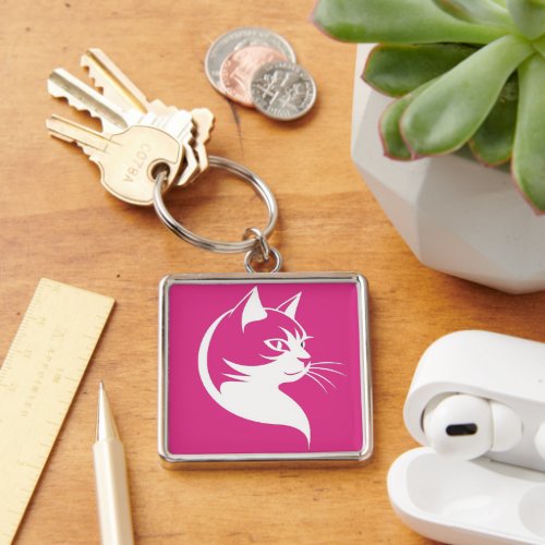 Chic Pink Keychain Minimalist White Cat Face  Keychain