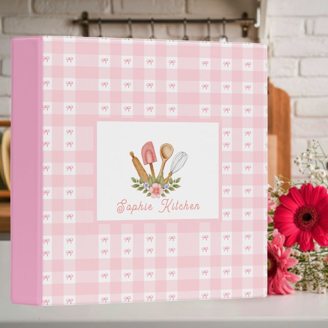 Chic Pink Kitchen Utensils Bow Gingham Cookbook 3 Ring Binder (Creator Uploaded)