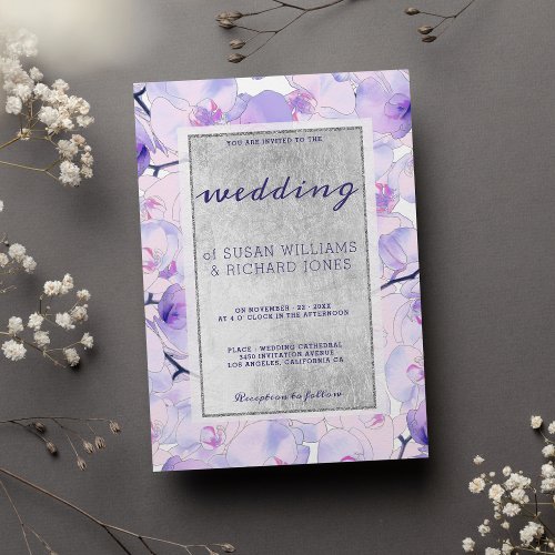 Chic pink lavender silver orchid floral Wedding Invitation