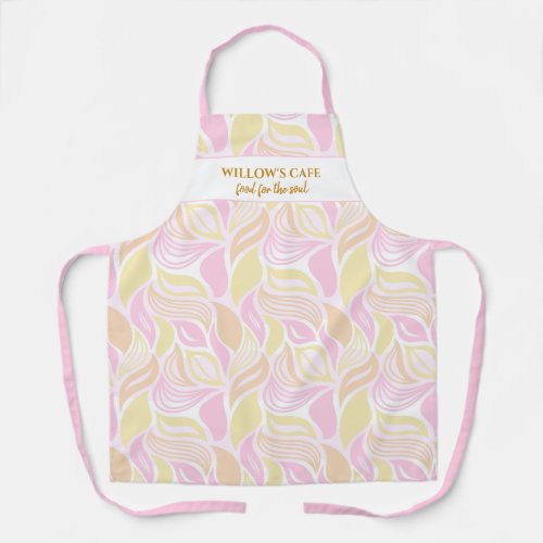 Chic Pink Leaf Pattern Custom Spa Cafe Name Apron