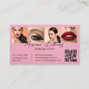 Chic Pink Leather Makeup Artist 4 Photo QR Code Business Card