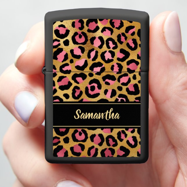 Chic Pink Leopard Black Gold Foil Personalized Zippo Lighter (In Hand)